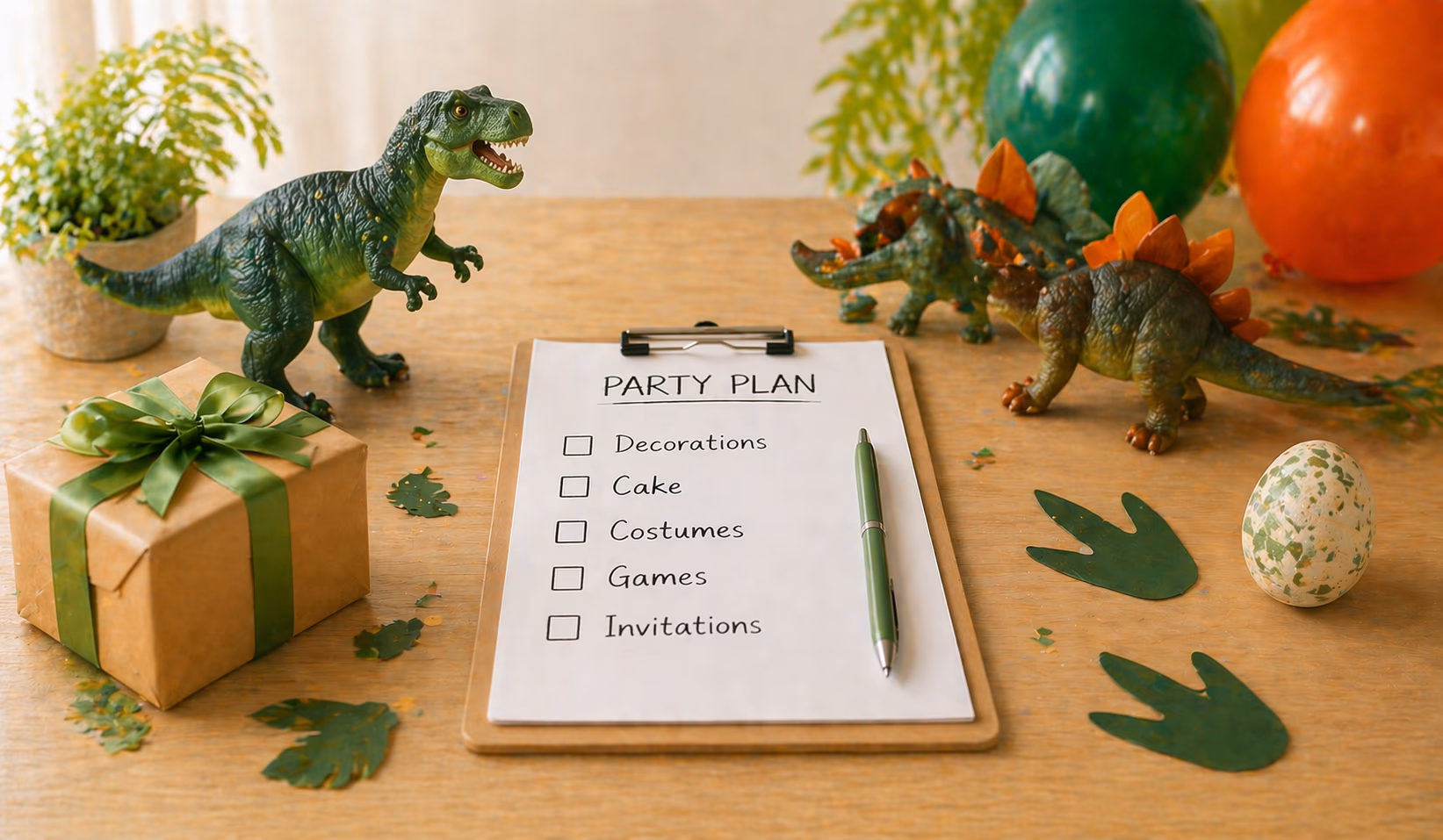Dinosaur Party planning checklist party scene with themed supplies and decorations