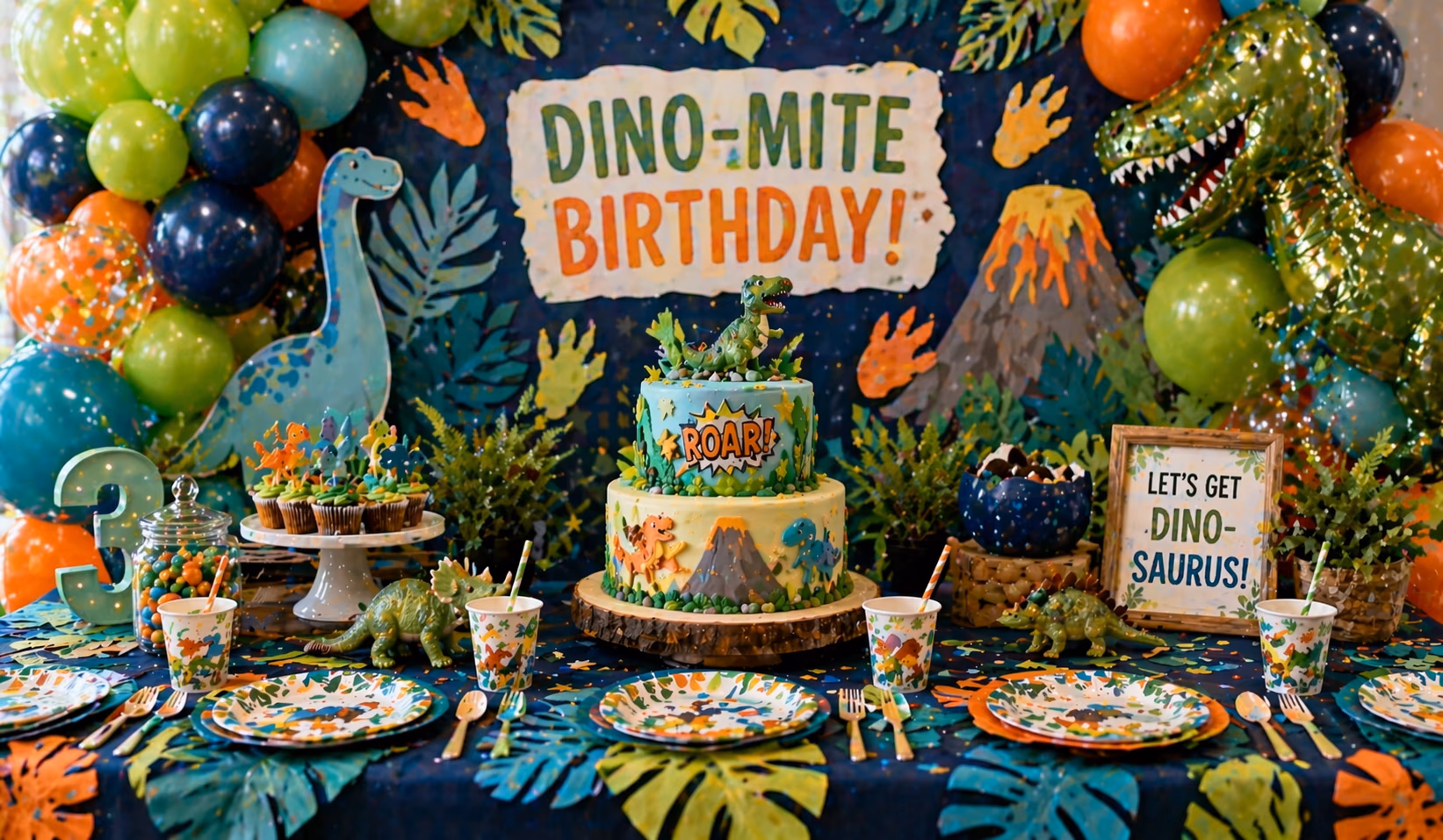 Dinosaur-themed decorations and party setup with balloons and backdrop
