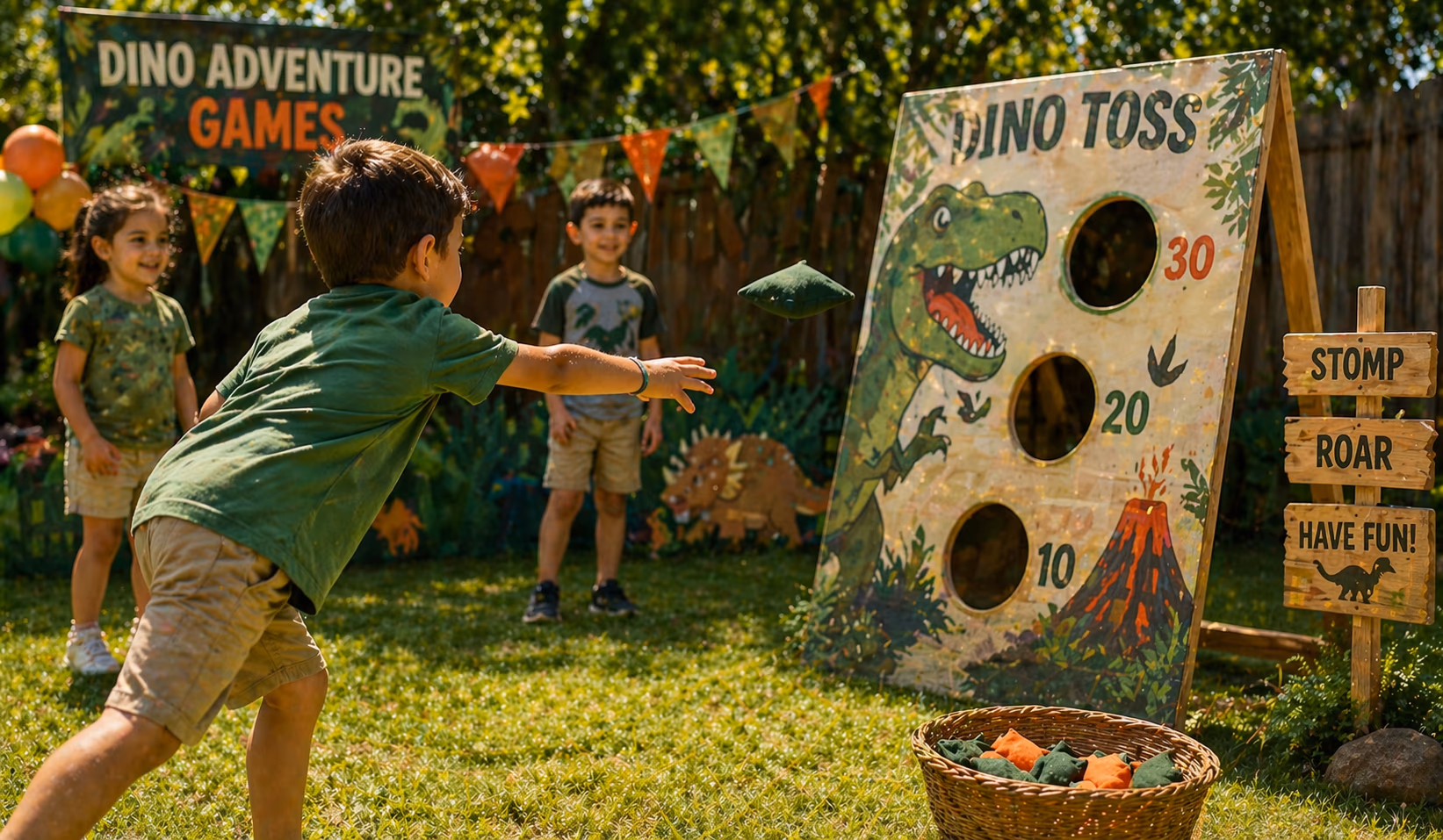 Dinosaur party games preview with prehistoric colors and playful activities