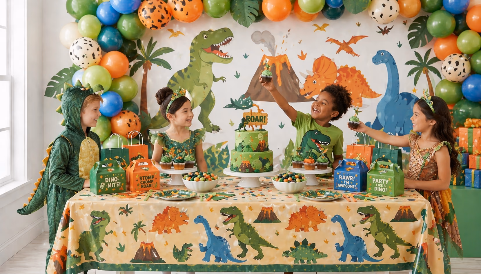 Dinosaur-themed kids party setup with orange balloons and prehistoric decorations