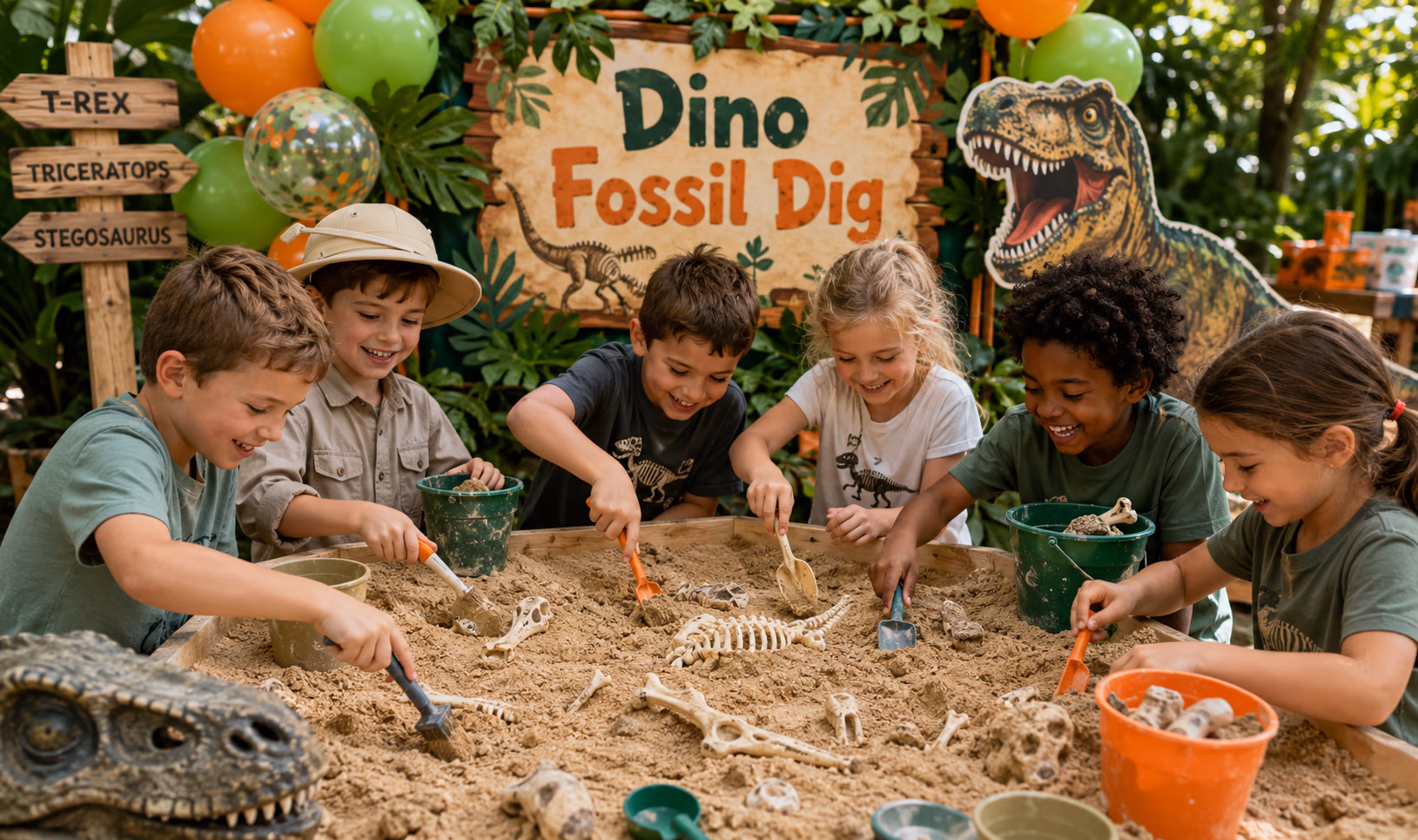 Dinosaur fossil dig game setup with sand and hidden bones