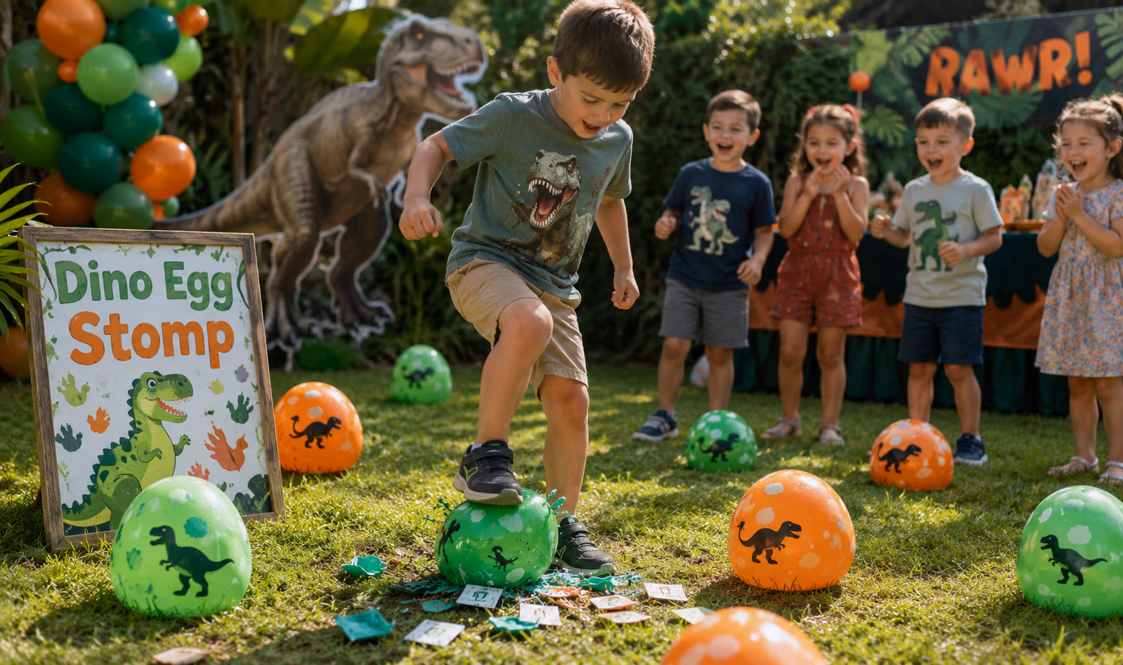 Dinosaur egg stomp game setup with balloons and hidden prizes