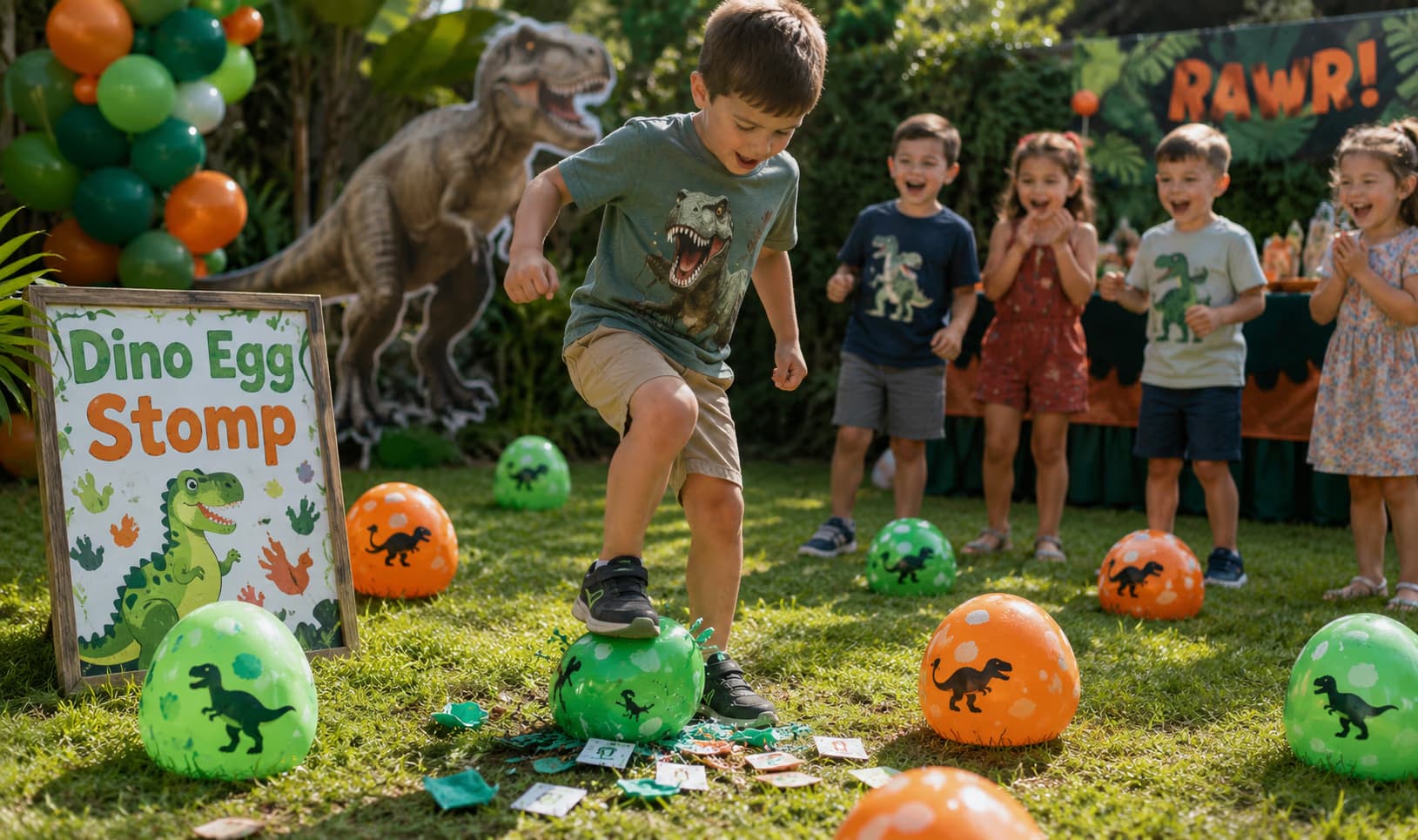 Dinosaur egg stomp game setup with balloons and hidden prizes