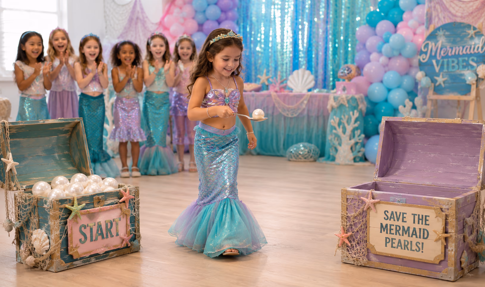 Mermaid pearl game setup with spoons, pearls, and treasure boxes