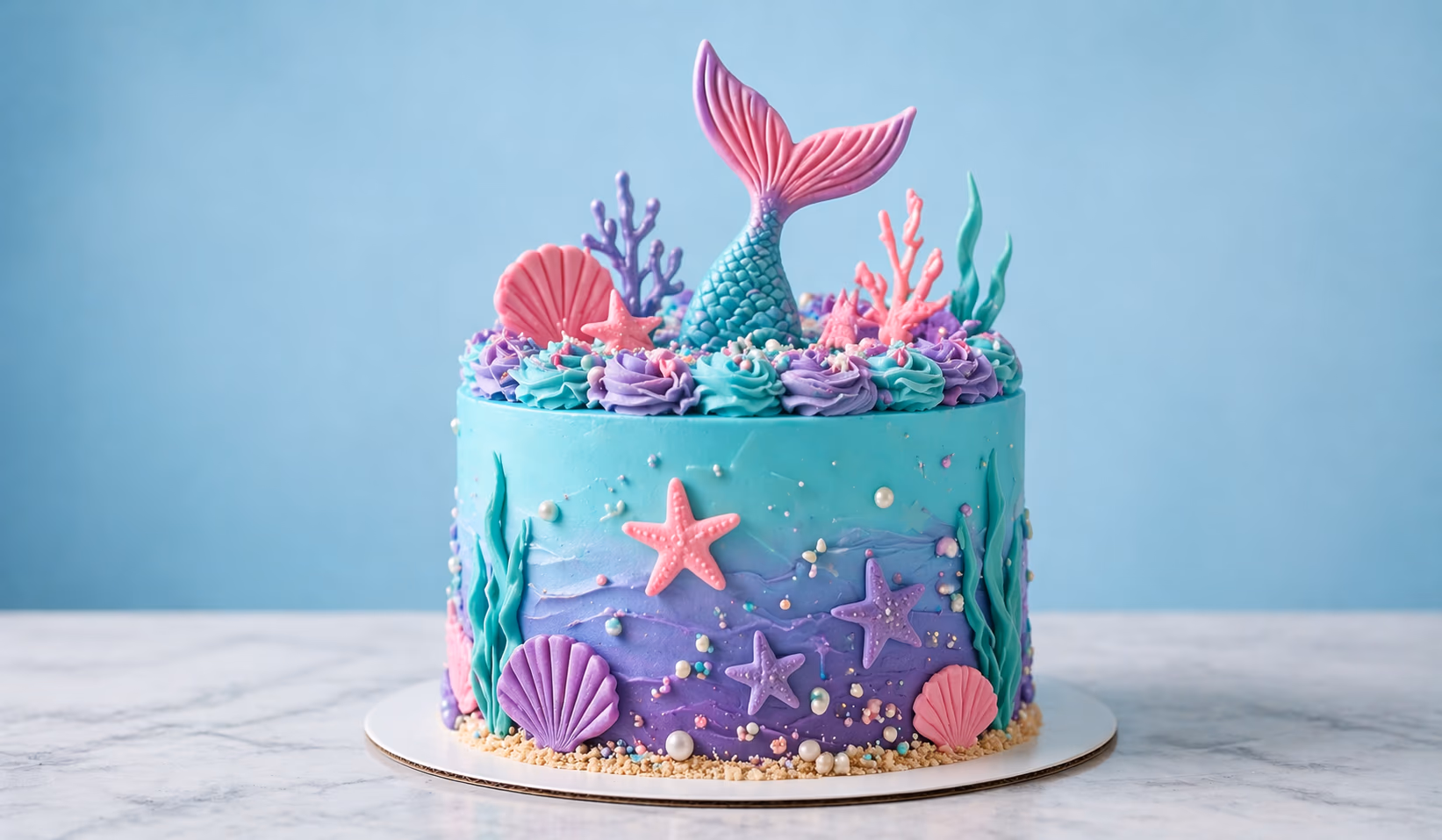 Mermaid birthday cake with themed decorations