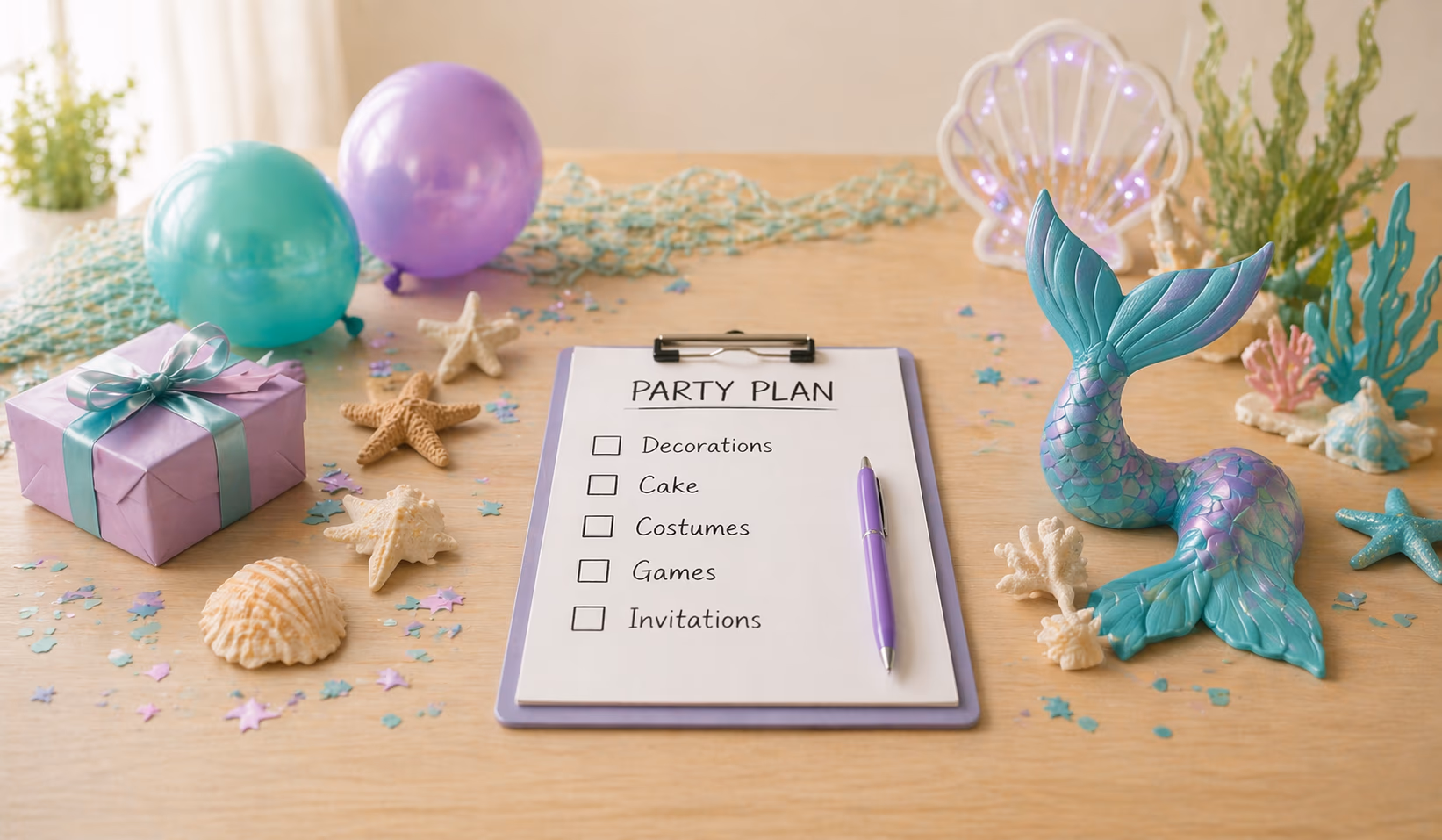 Mermaid Party planning checklist party scene with themed supplies and decorations