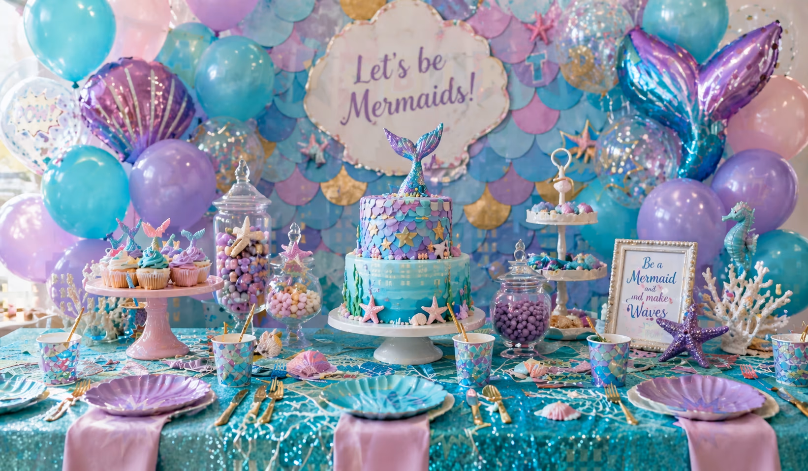 Mermaid-themed decorations and party setup with balloons and backdrop