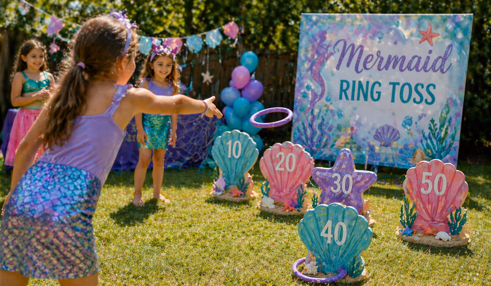 Mermaid party games preview with ocean colors and under-the-sea activities