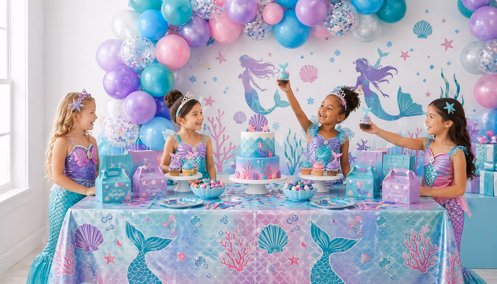 Mermaid-themed party setup with pastel ocean decorations