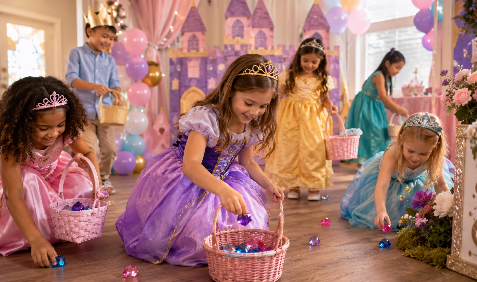 Princess-themed gem hunt game setup with colorful jewels and treasure baskets