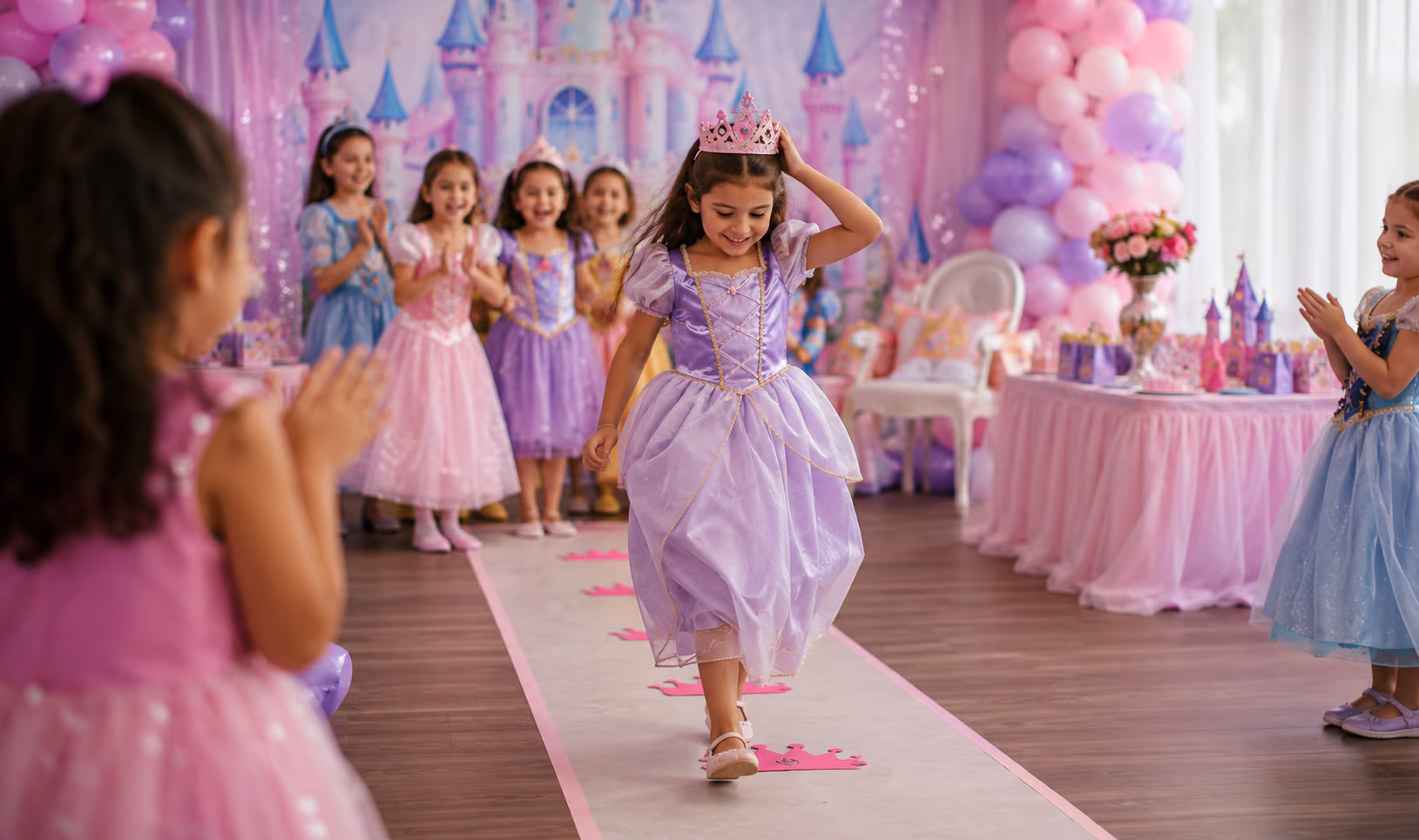 Princess relay race game setup with crowns and a royal race path
