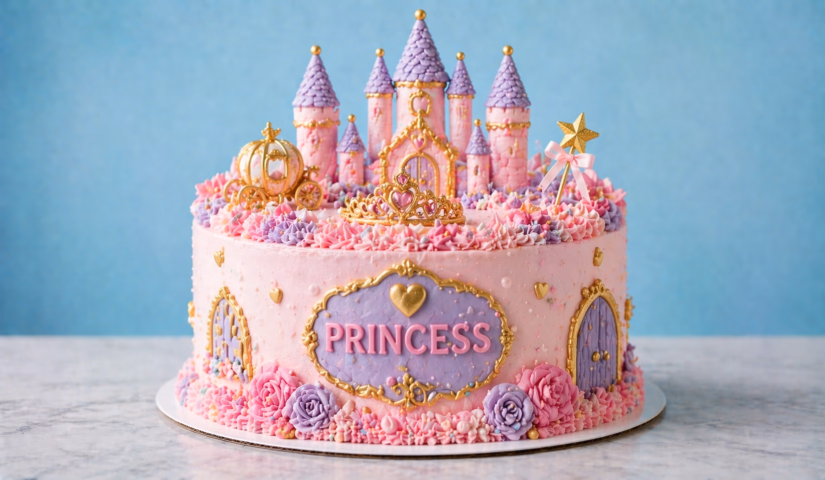 Princess birthday cake with themed decorations
