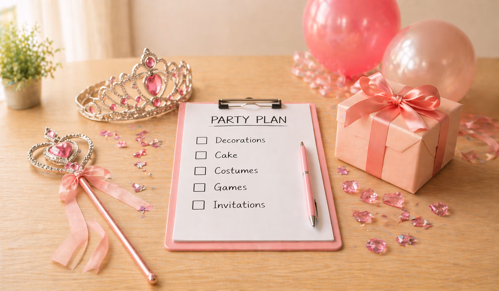 Princess Party planning checklist party scene with themed supplies and decorations