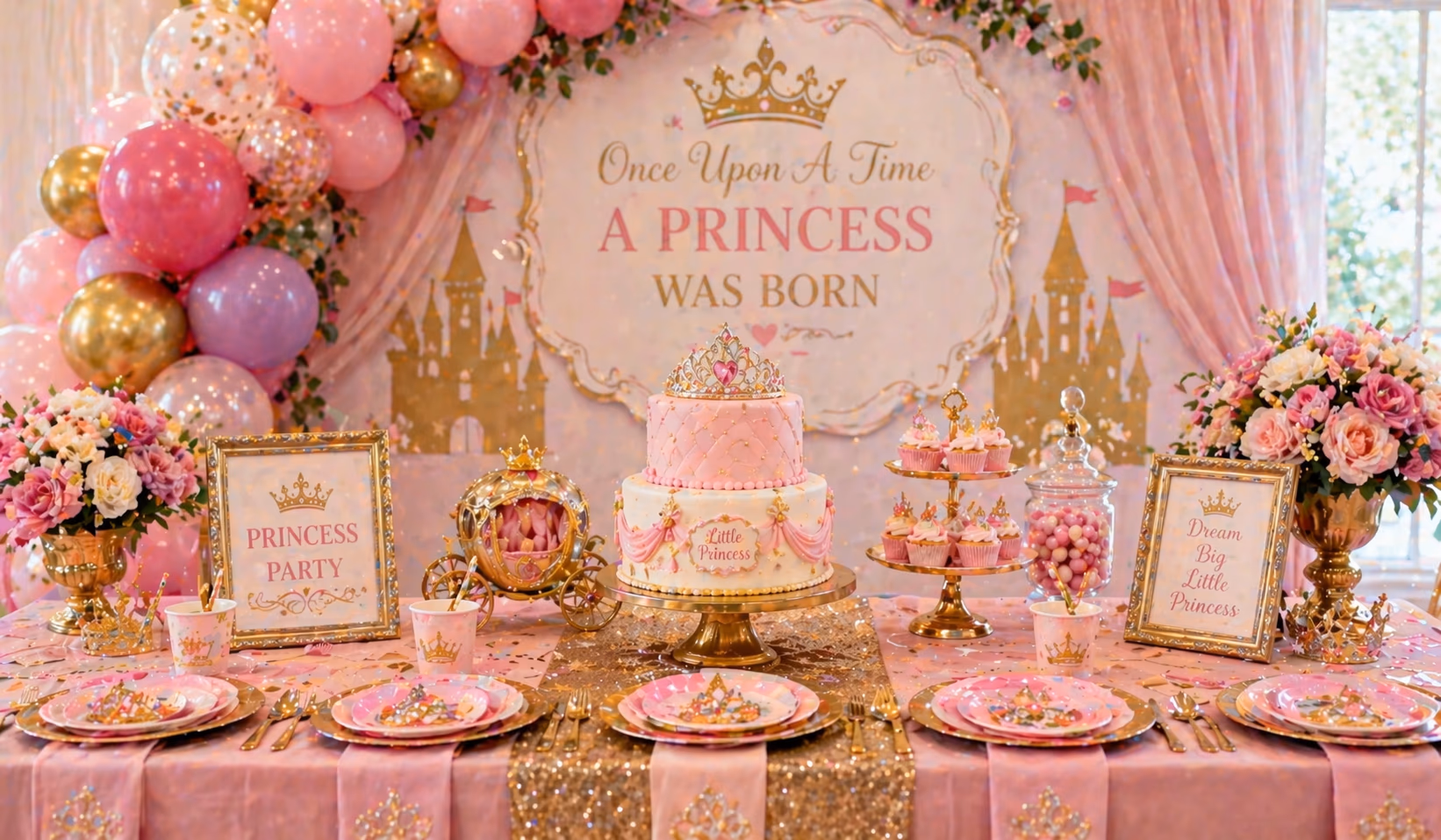 Princess-themed decorations and party setup with pink decor and balloons