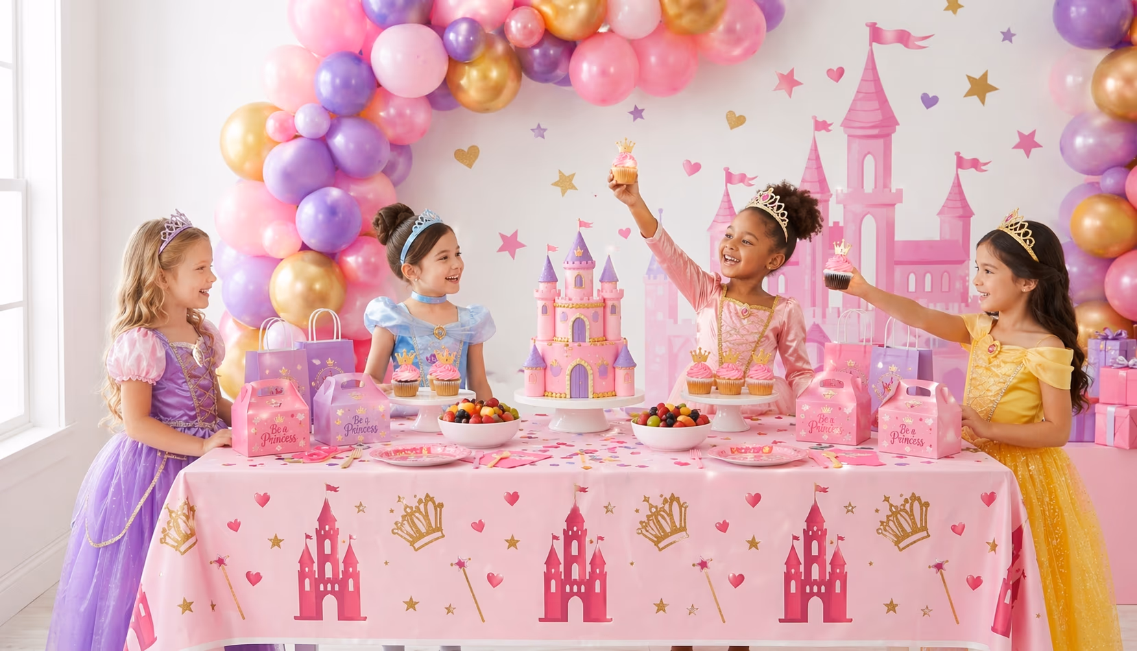 Princess-themed kids party setup with pink decorations and balloons