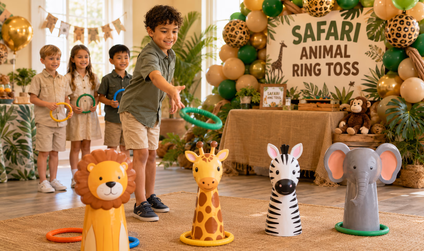 Safari ring toss game setup with animal targets and toss rings