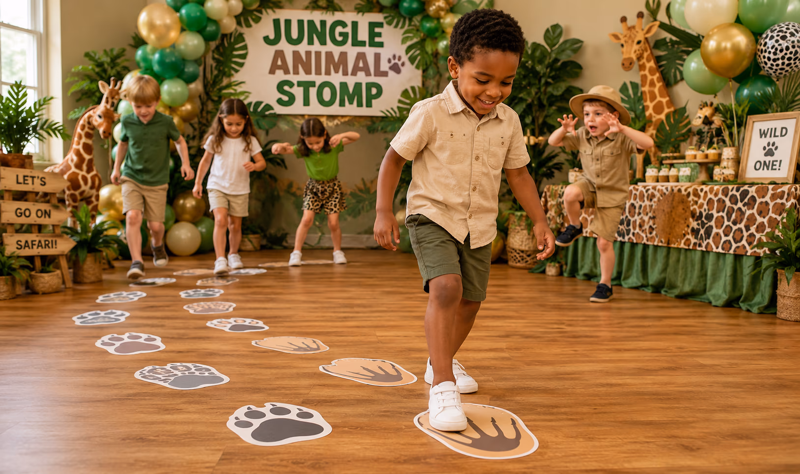 Safari footprint trail game setup with jungle animal path markers