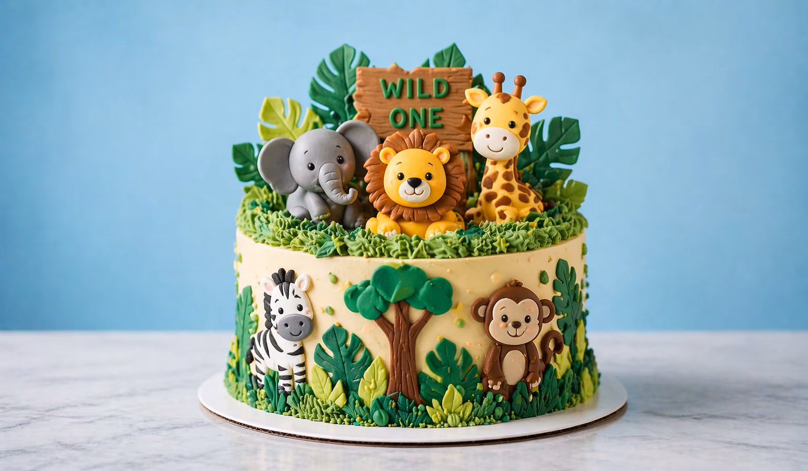 Safari birthday cake with themed decorations