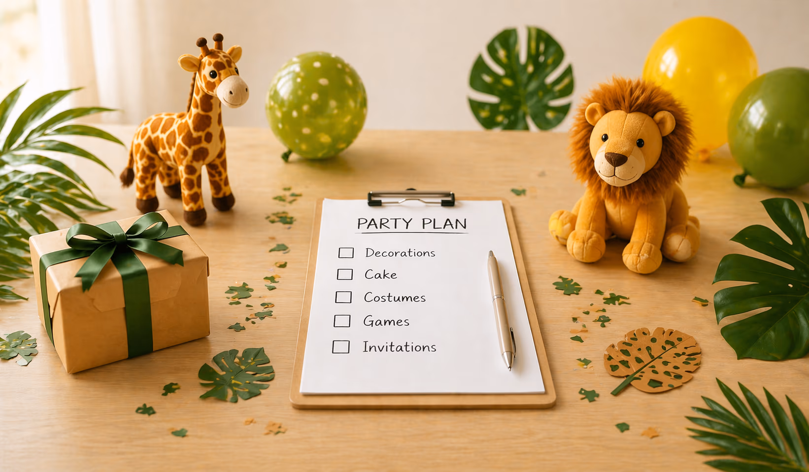 Safari Party planning checklist party scene with themed supplies and decorations