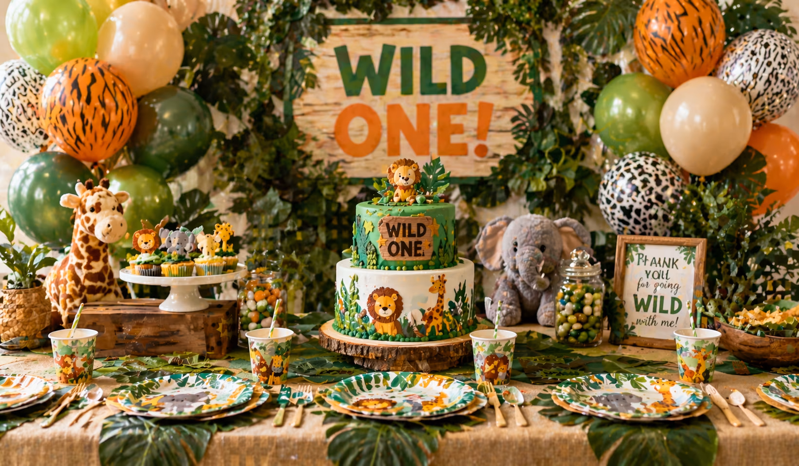 Safari-themed decorations and party setup with jungle decor and balloons