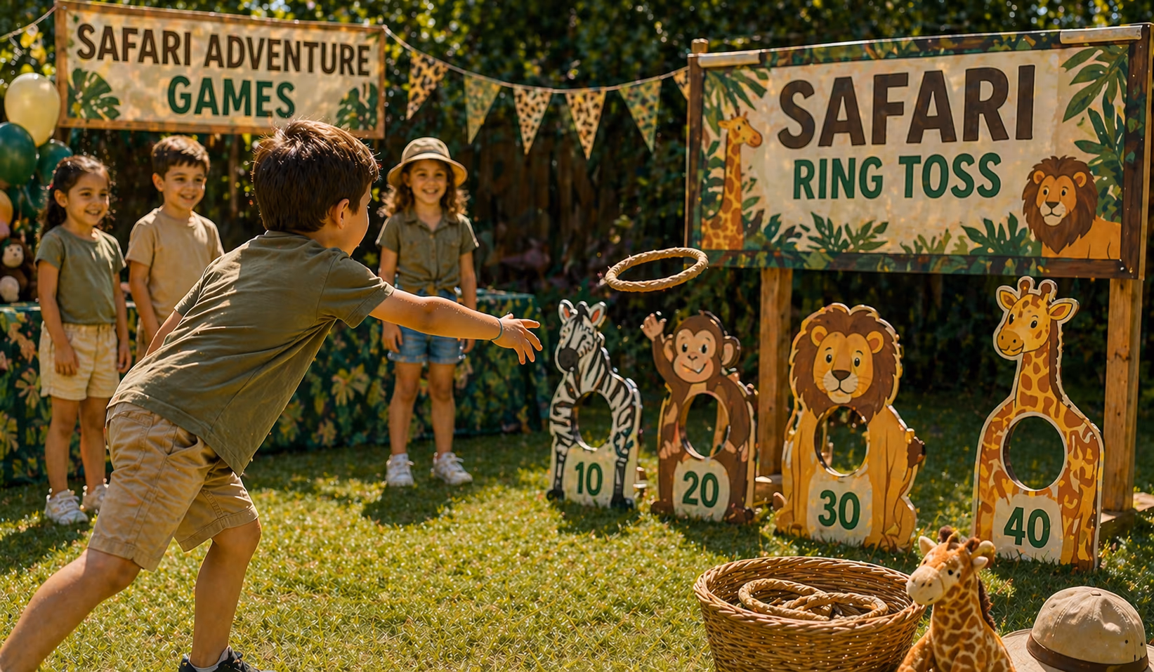 Safari party games preview with jungle colors and animal-themed activities