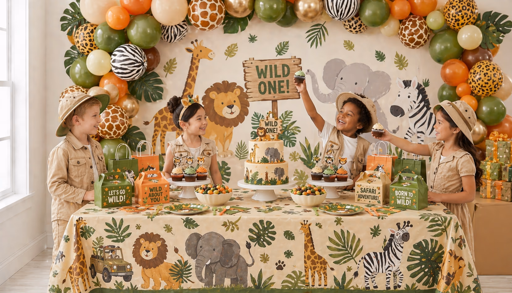 Safari-themed kids party setup with jungle decorations and balloons