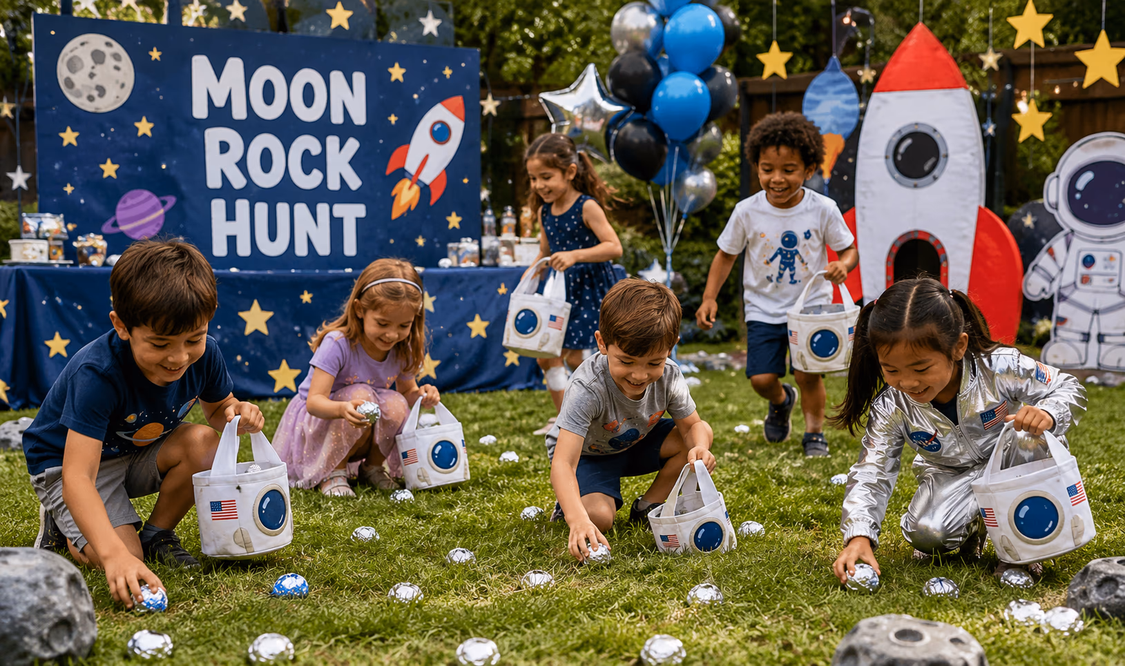 Space moon rock hunt game setup with hidden rocks and astronaut bags