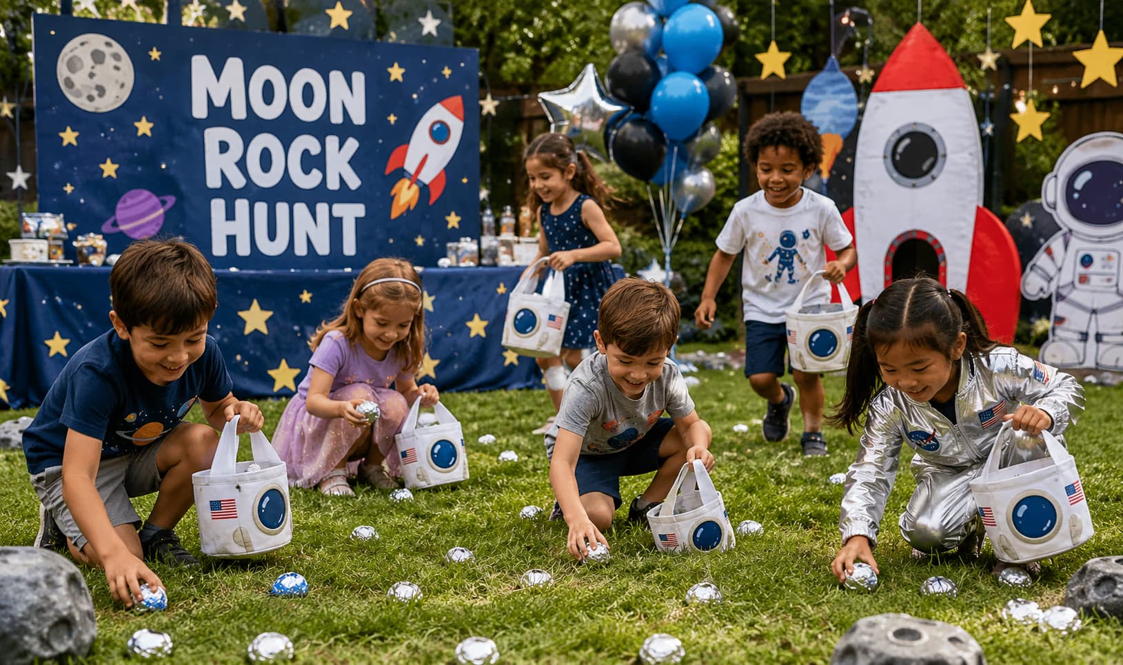 Space moon rock hunt game setup with hidden rocks and astronaut bags