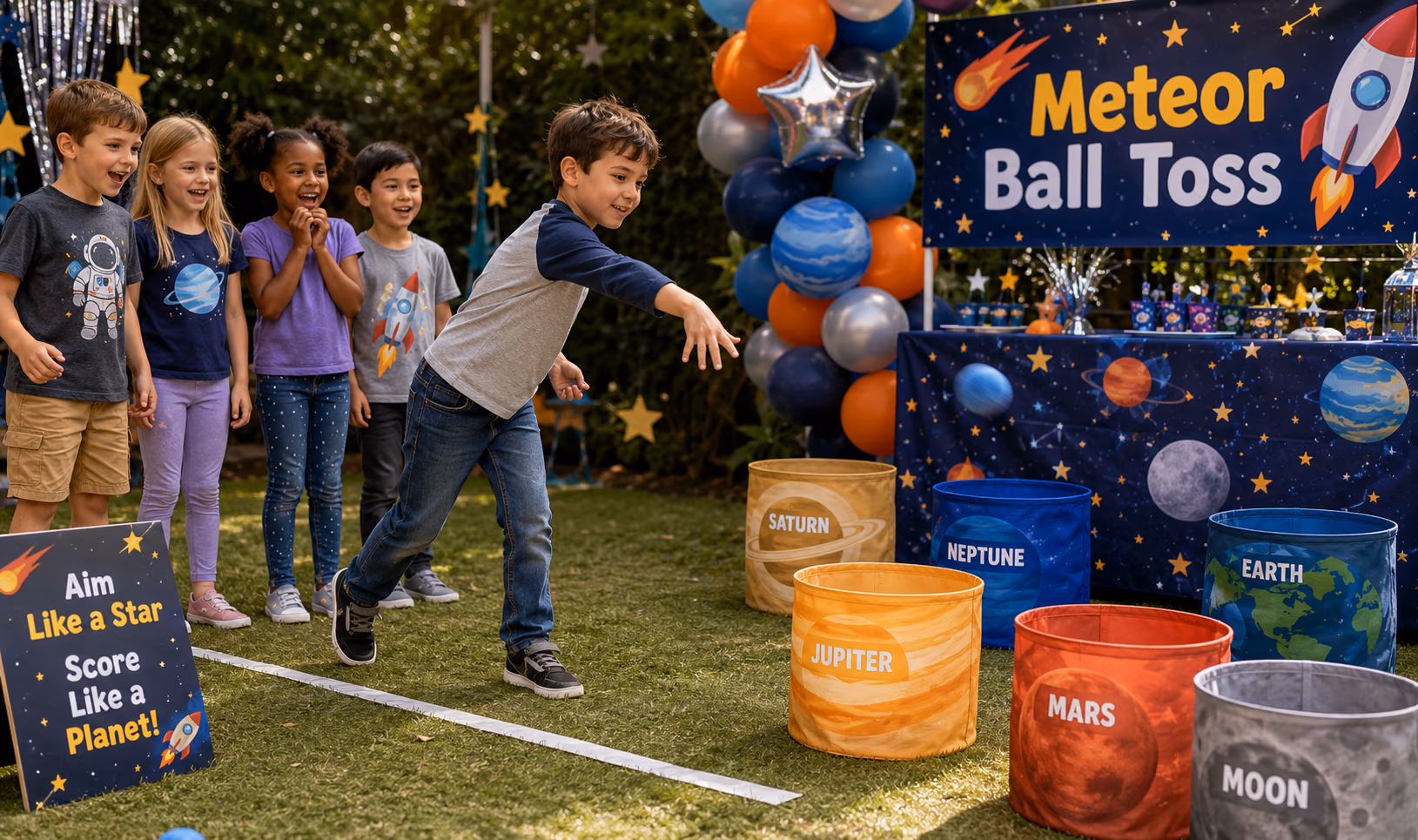 Space toss game setup with meteor balls and planet buckets
