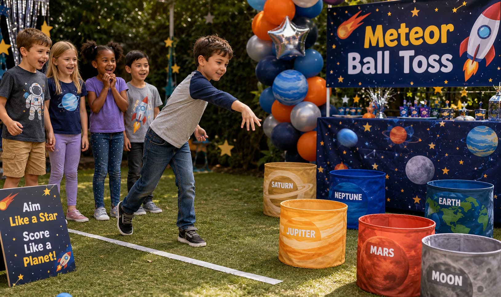 Space toss game setup with meteor balls and planet buckets