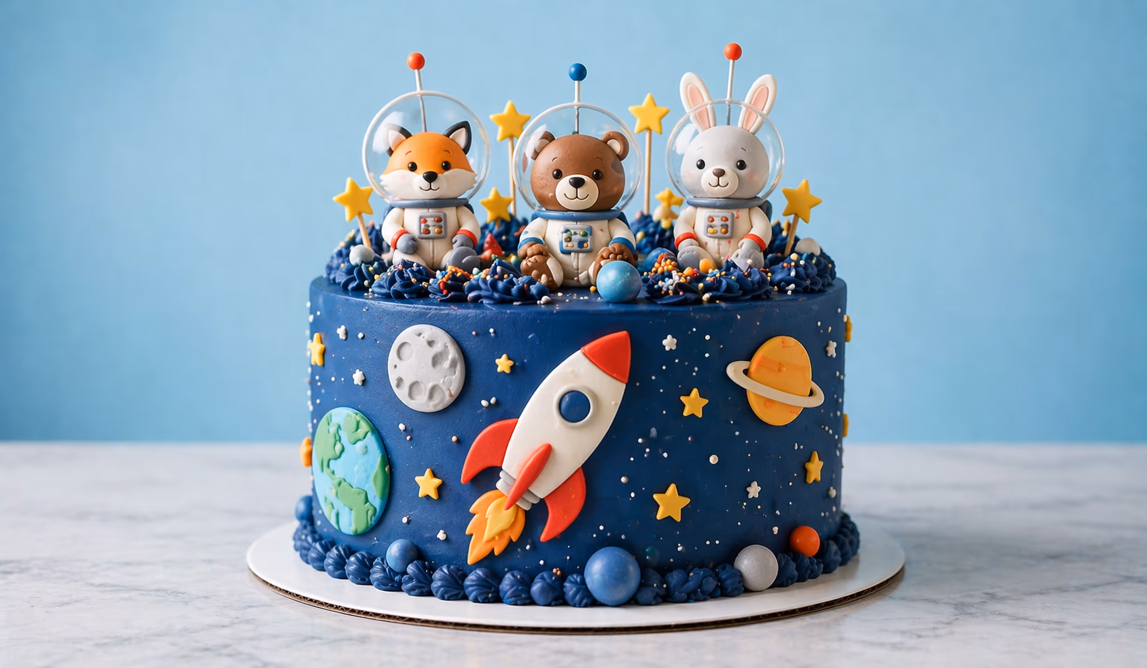 Space birthday cake with themed decorations