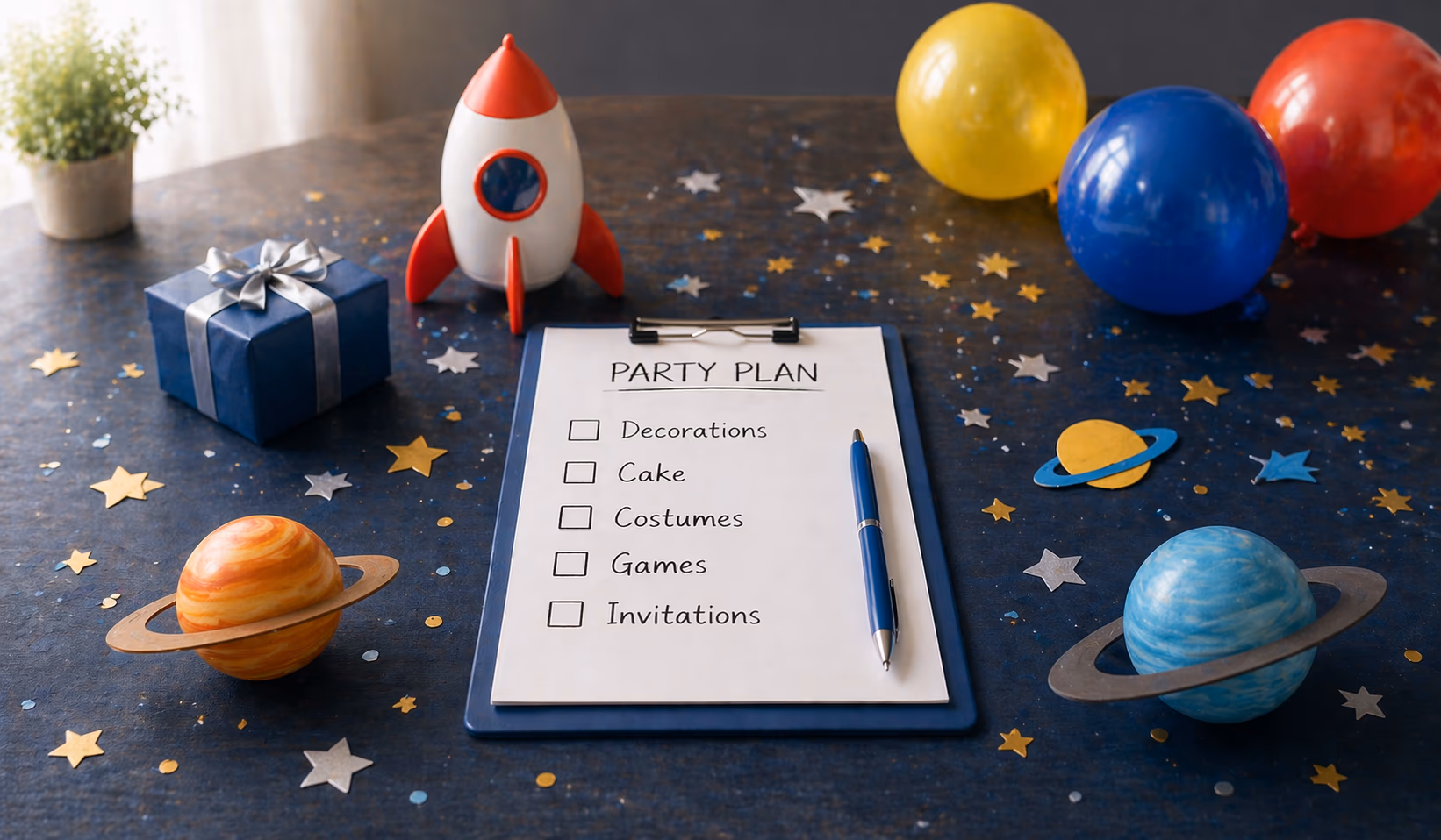 Space Party planning checklist party scene with themed supplies and decorations