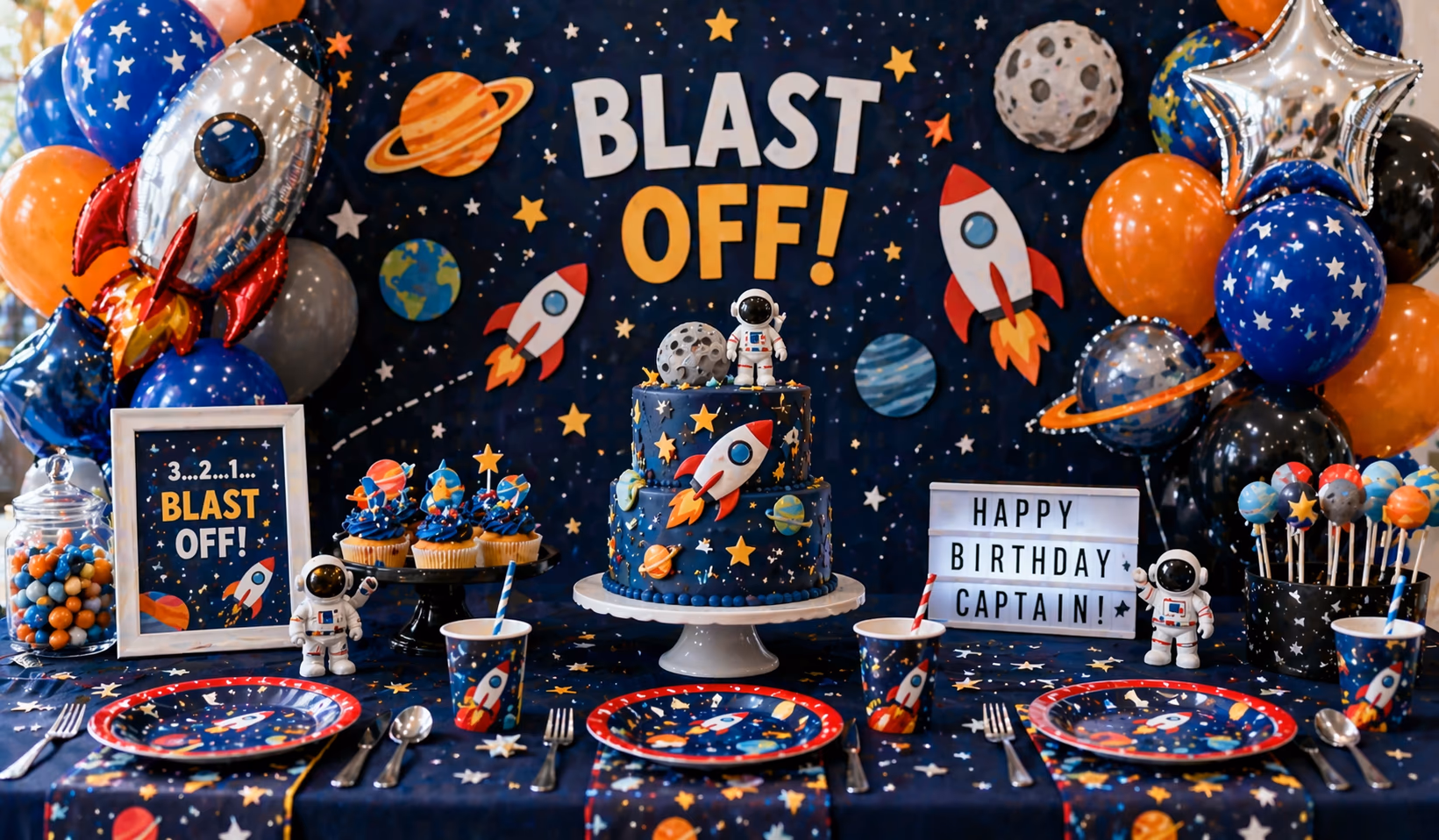 Space-themed decorations and party setup with balloons and backdrop