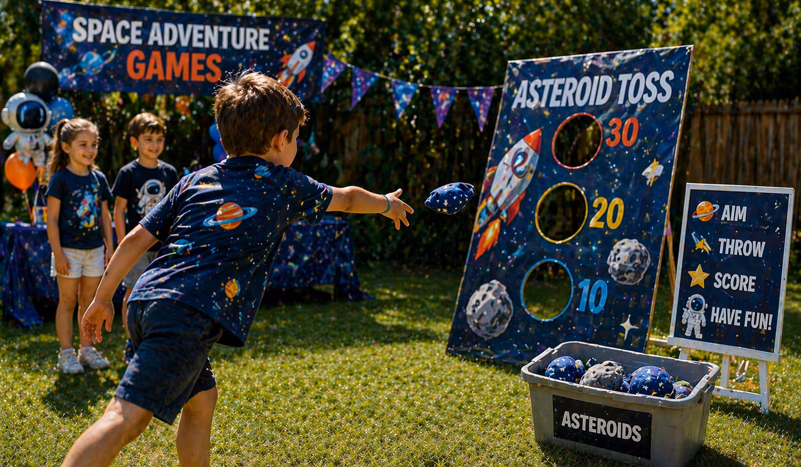 Space party games preview with galaxy colors and cosmic party activities
