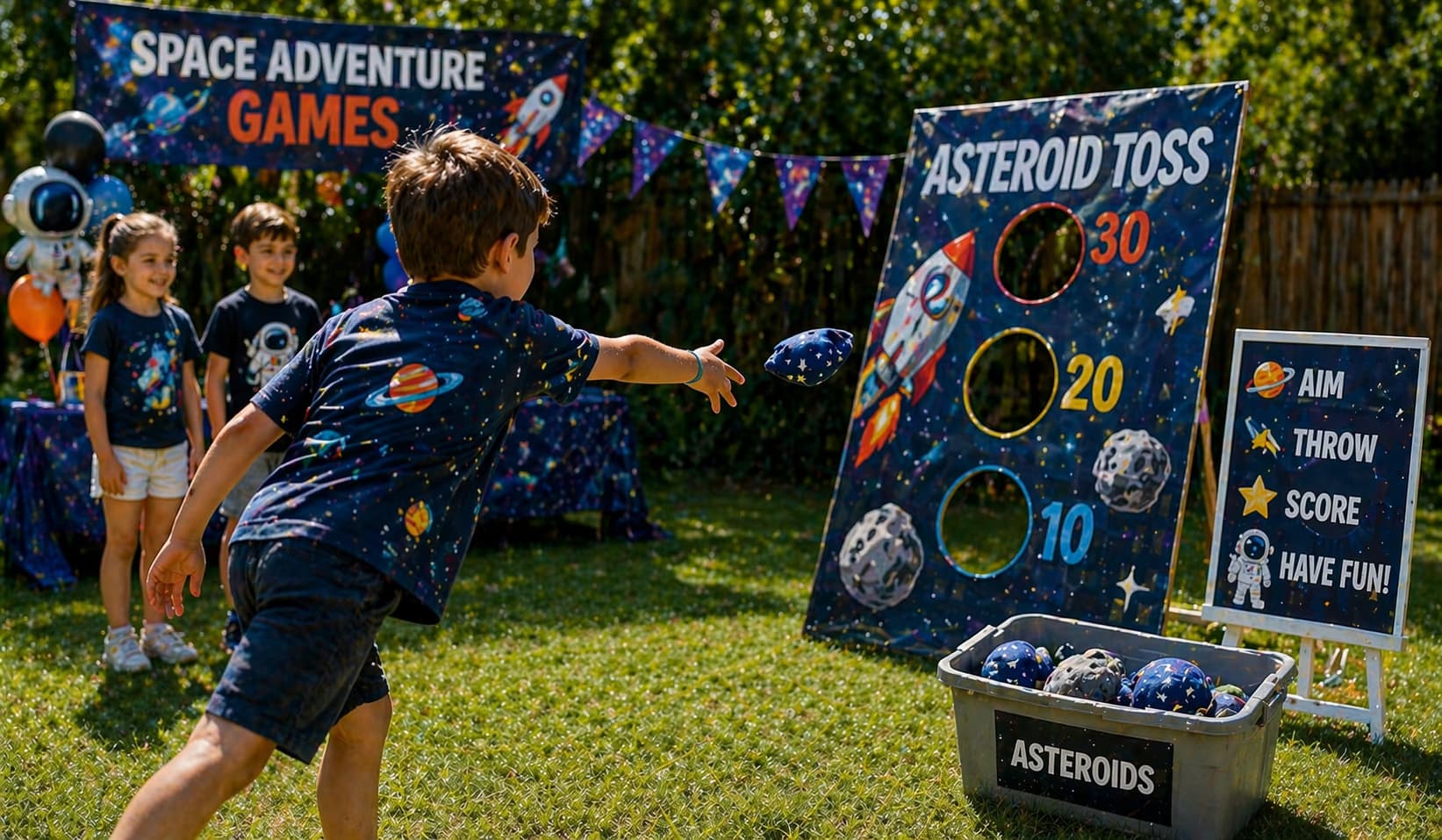 Space party games preview with galaxy colors and cosmic party activities