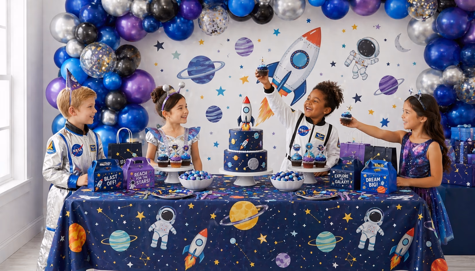 Space-themed kids party setup with balloons, planets, and galaxy decorations