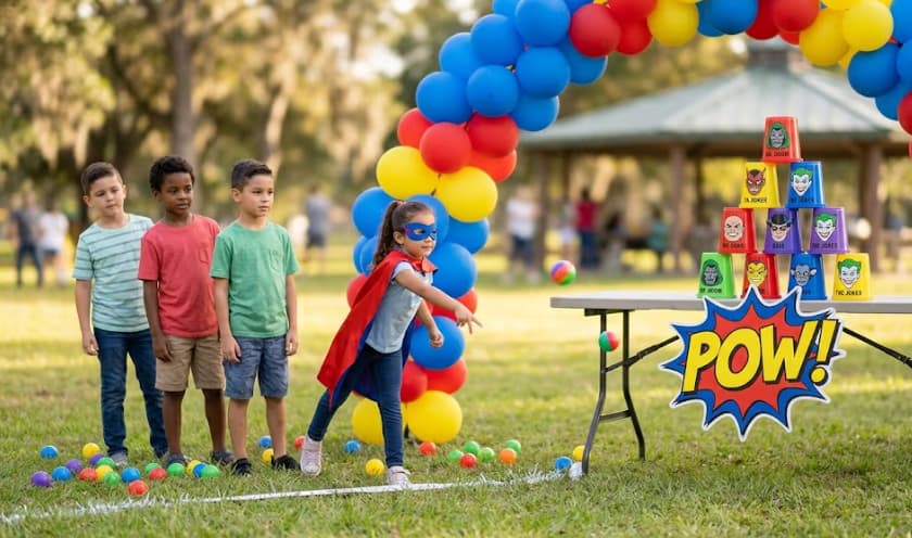 Kids lined up to toss balls at a pyramid of villain cans