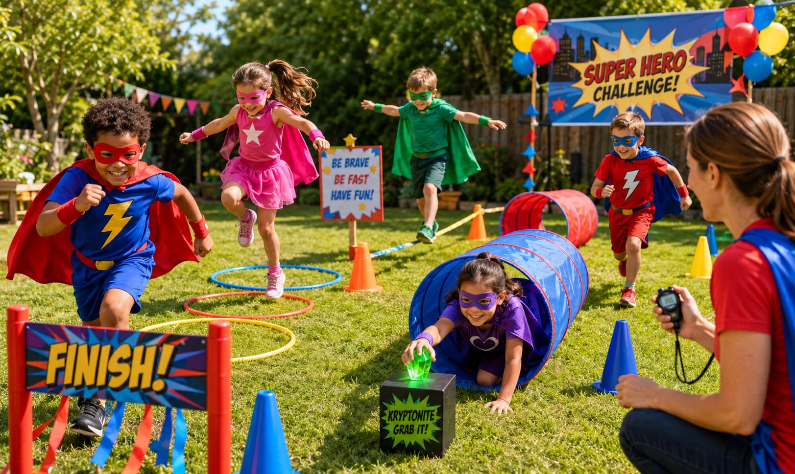 Kids in capes completing a superhero obstacle course