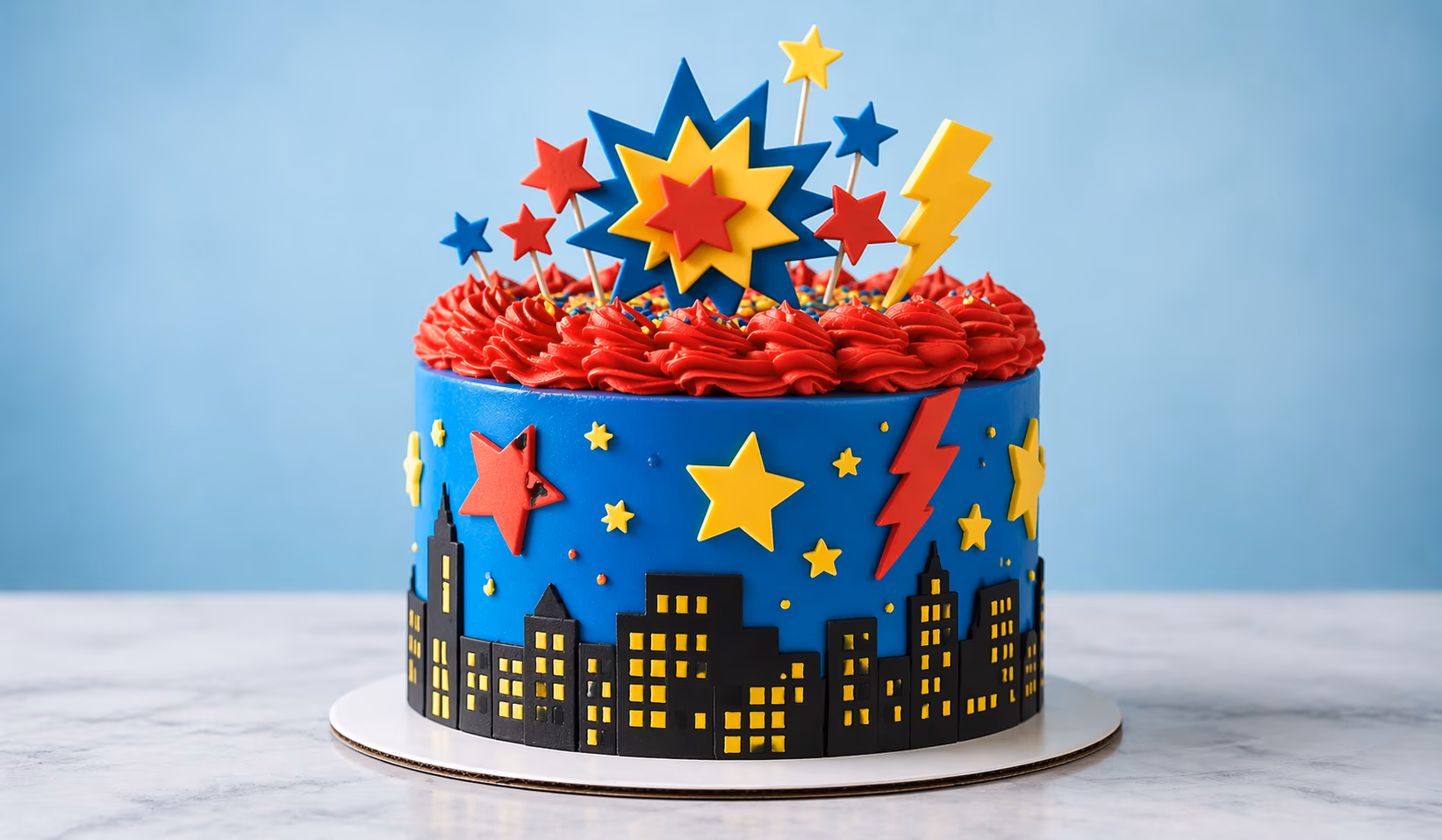 Superhero birthday cake with themed decorations