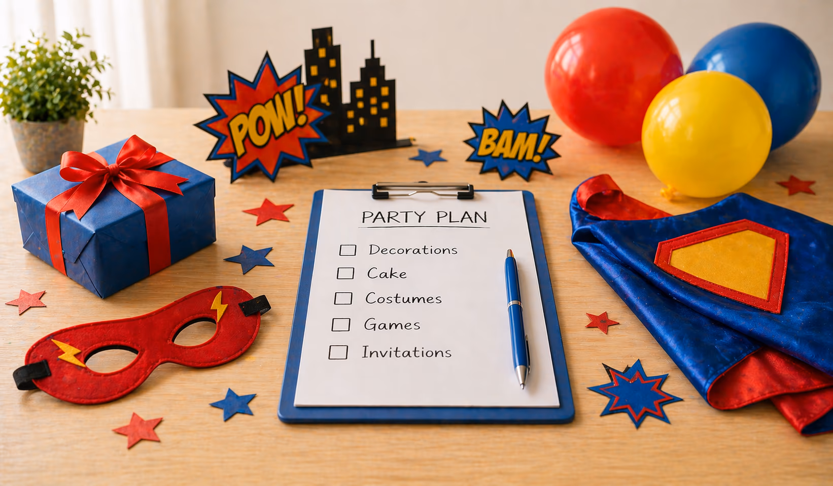 Superhero planning checklist party scene with themed supplies and decorations