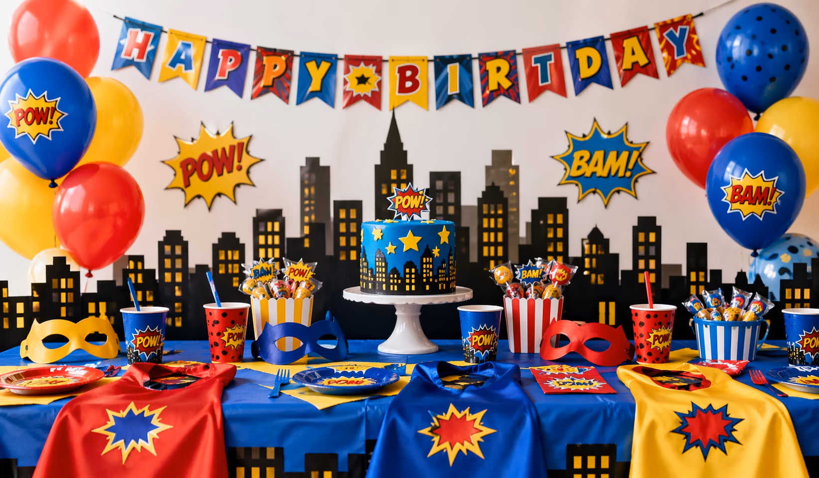 Superhero-themed decorations and party setup with balloons and backdrop