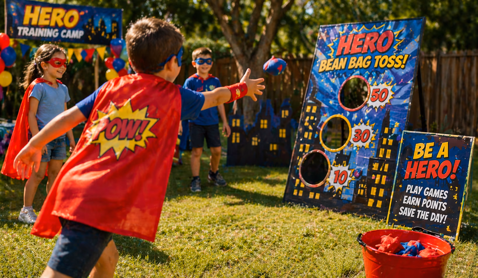 Superhero party games preview with comic-book colors and party activities