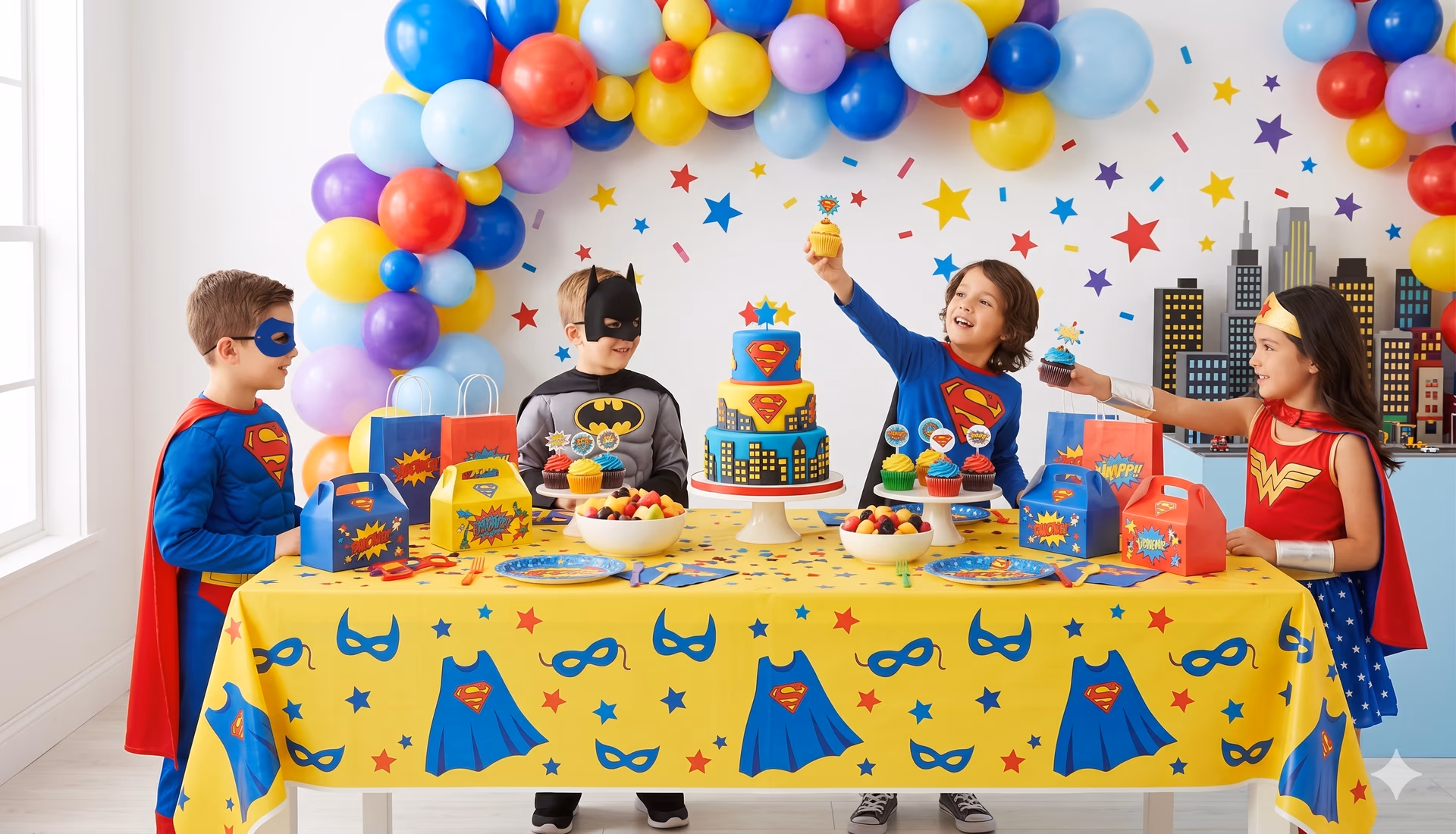 Superhero-themed kids party setup with balloons and comic-inspired decorations