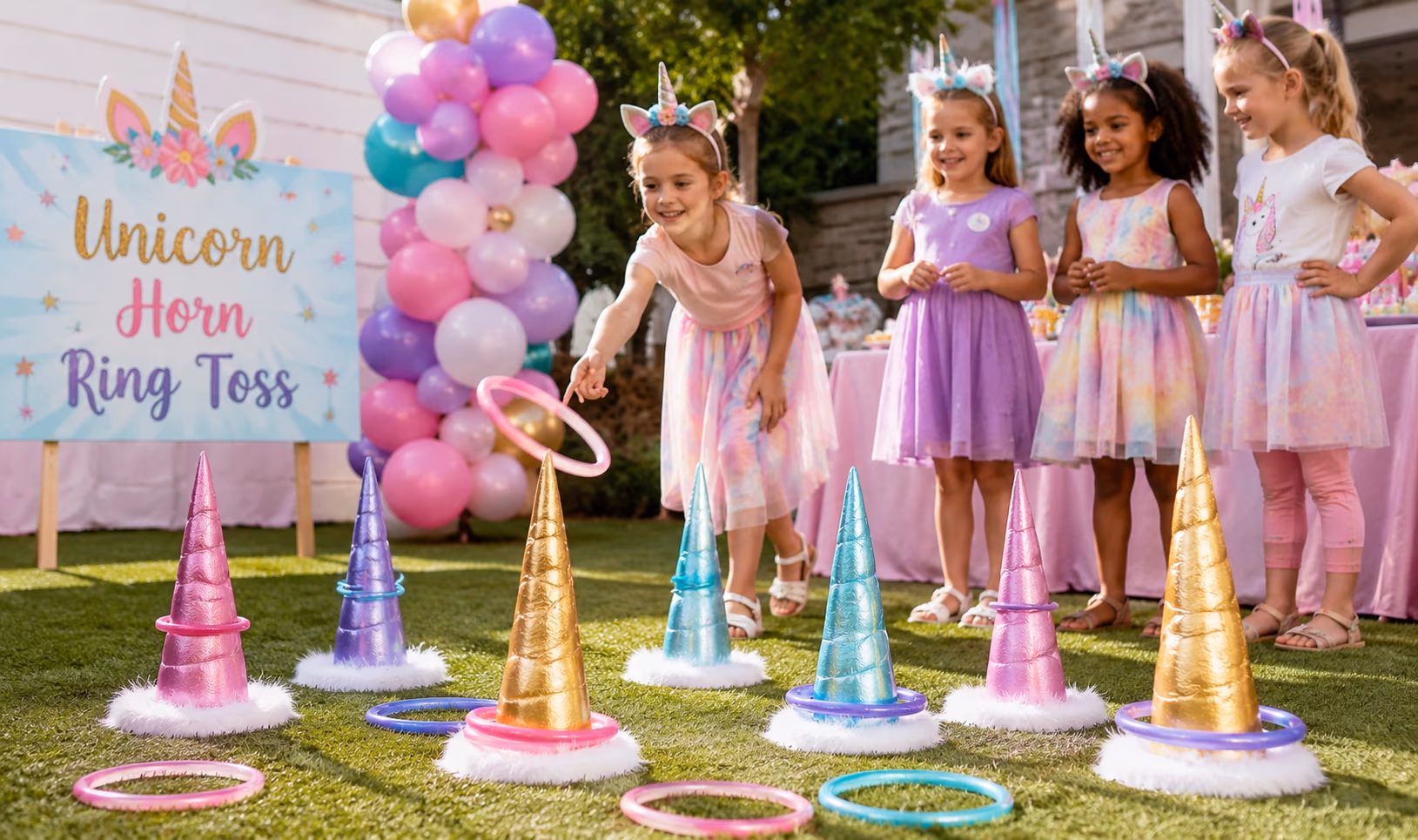 Unicorn ring toss game setup with pastel horns and tossing rings