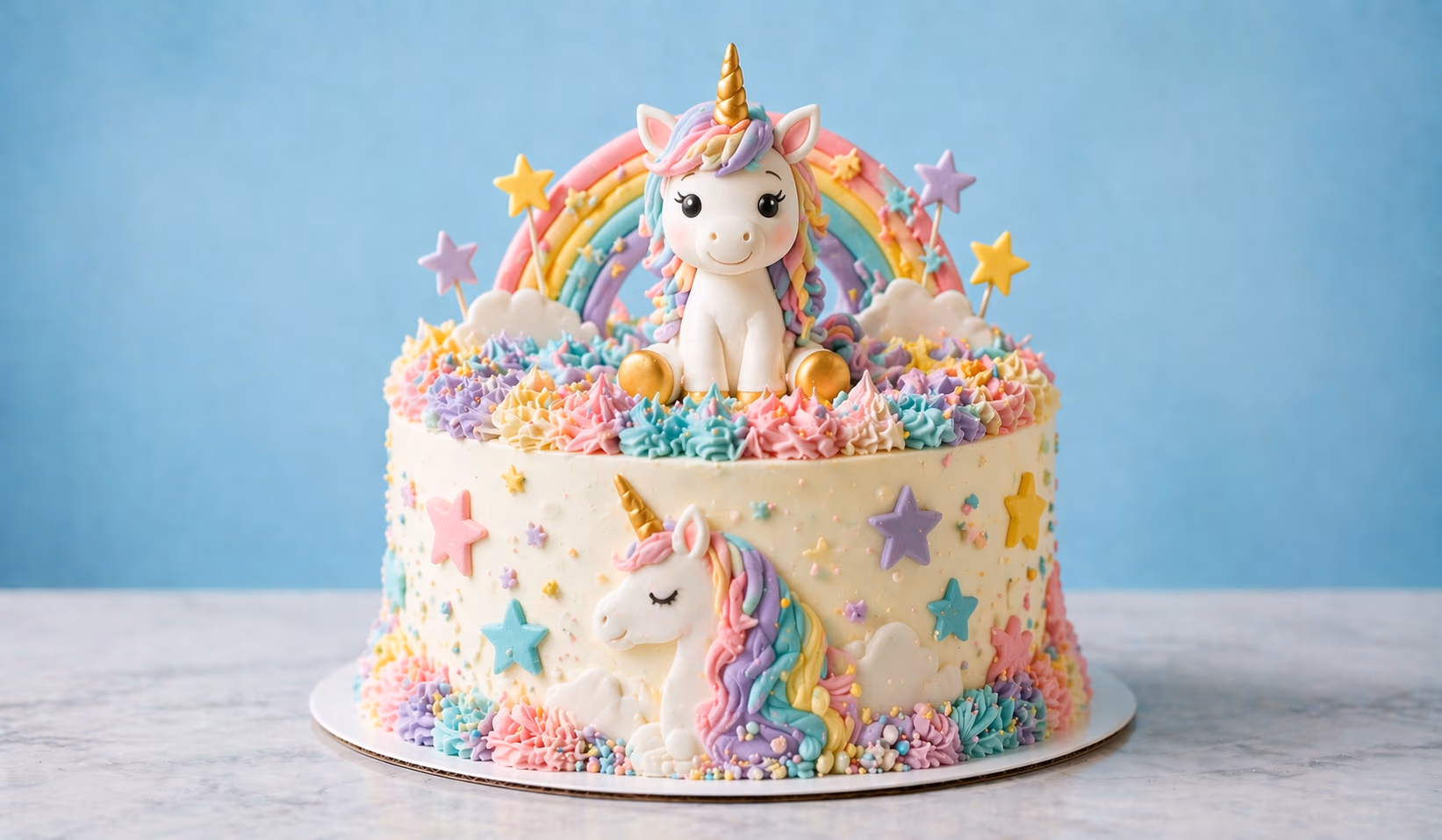 Unicorn birthday cake with themed decorations