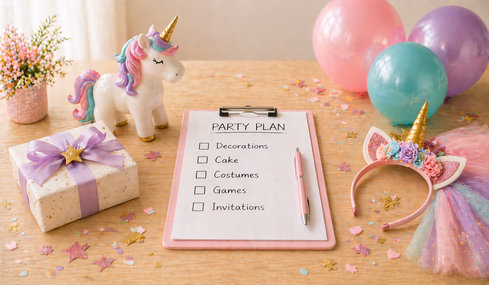Unicorn Party planning checklist party scene with themed supplies and decorations