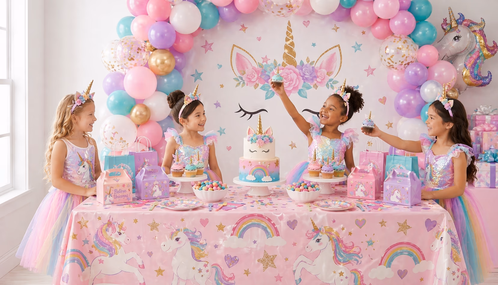 Unicorn-themed kids party setup with pastel balloons and rainbow decorations