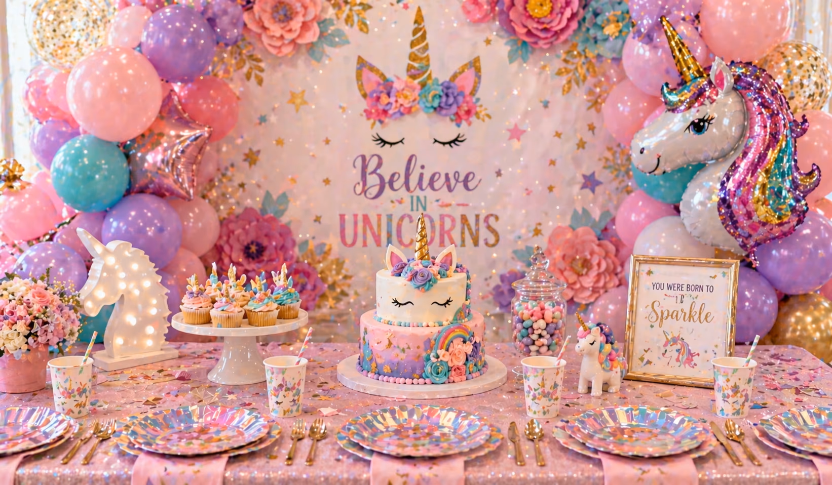 Unicorn-themed decorations and party setup with balloons and backdrop